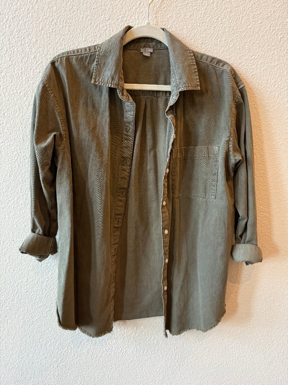 Aerie Olive Green Raw Hem Denim Button Down Shirt Jacket Small